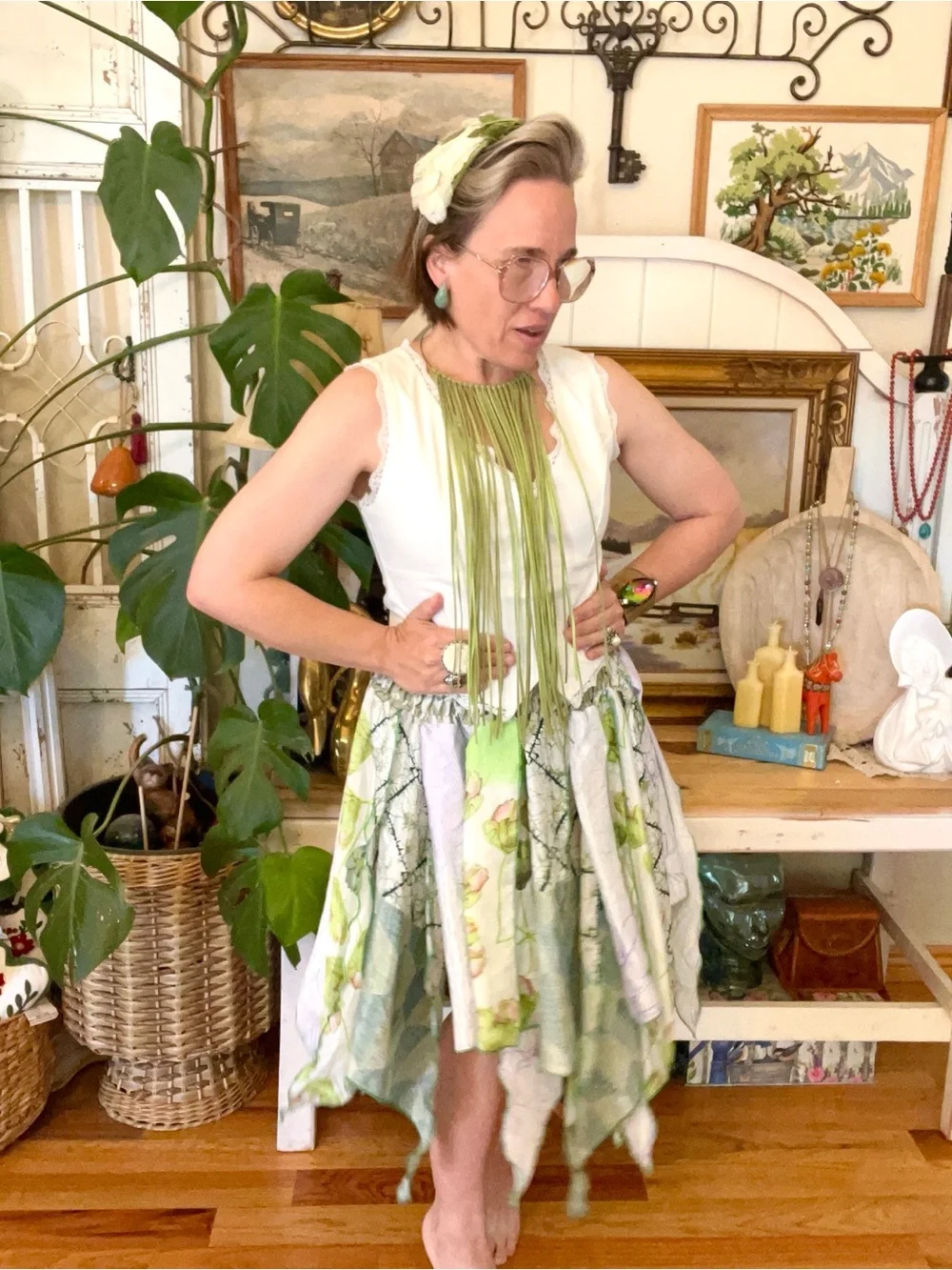 New! The “Green Witch” Fairycore Flowy Scarf Skirt Or Dress Smocked